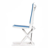 Bath lift chair in the raised position, level with the rim of the bath for transferring on