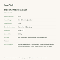 Specifications for the Indoor 3-Wheel Walker