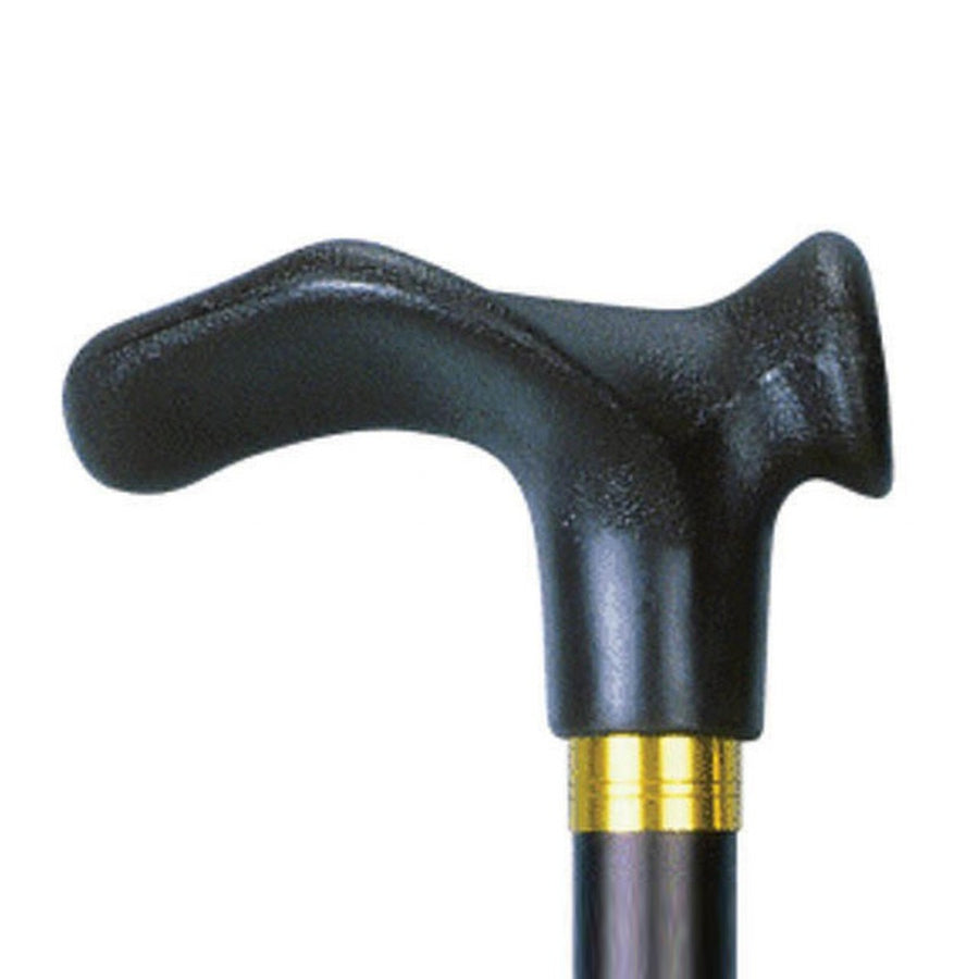 Moulded palm grip handle of a walking cane, shaped to fit the palm