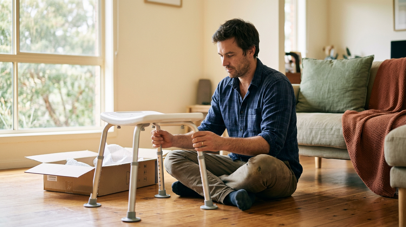 Man in his thirties adjusting the height of a new shower chair at home in Australia