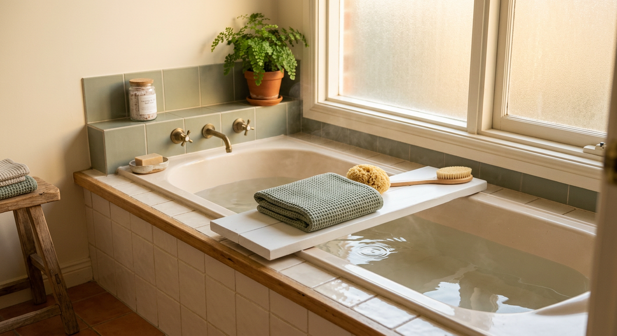 A white bath board resting across the rim of a bath in a bright Australian bathroom