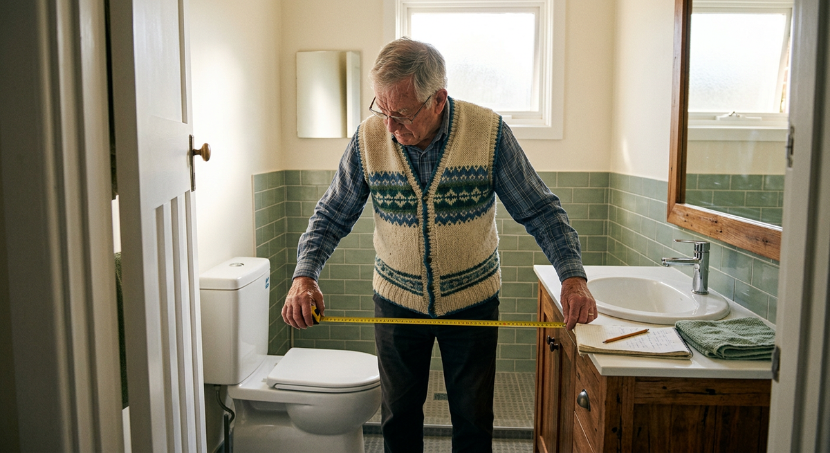 Older man measuring the space between his toilet and the vanity with a tape measure