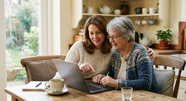 Daughter and mother sitting at a kitchen table together, looking at a laptop, warm morning light