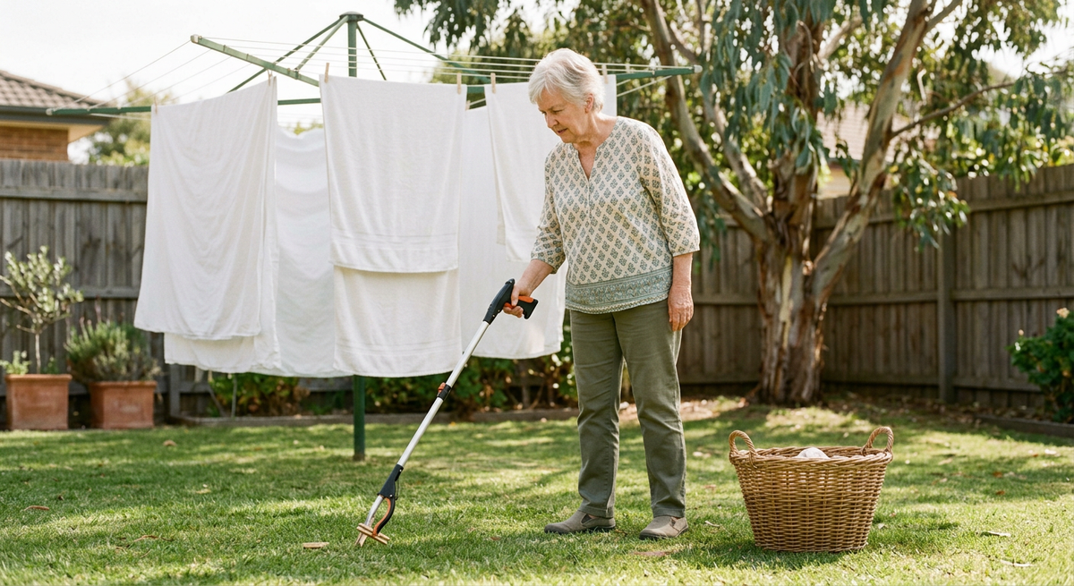 Older woman at her backyard clothesline picking up a dropped peg with a long reach grabber