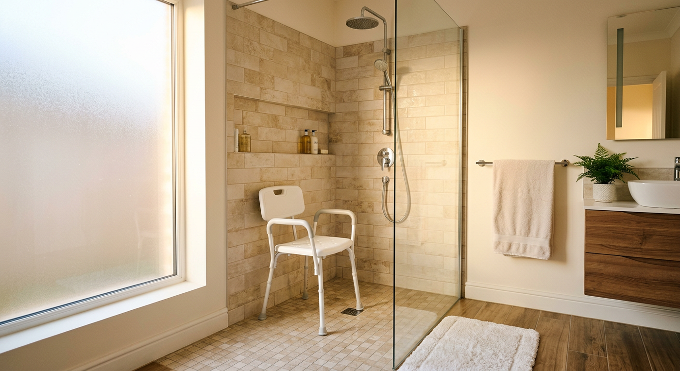 Shower chair with arms in a home bathroom, Australia