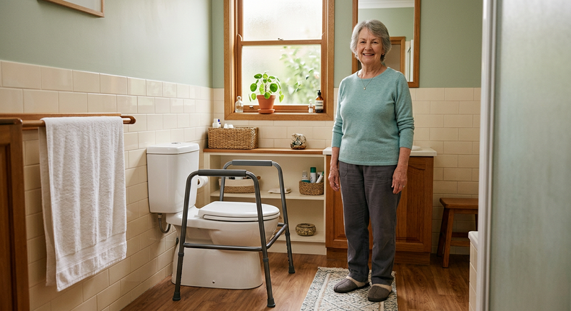 erson using a toilet safety frame at home, Australia