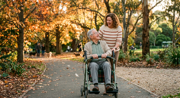 Adult daughter pushing her seated father in a 2-in-1 transit chair rollator along a sunny park path