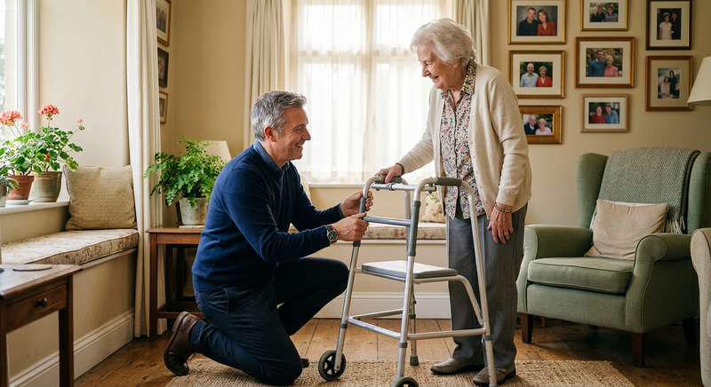 Adult son adjusting his mother's walking frame in her sunlit living room