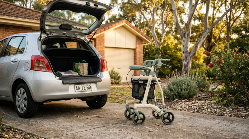 A folded four-wheel rollator beside an open car boot in an Australian driveway