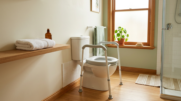 Over-toilet frame with armrests beside a toilet in a bright Australian home bathroom