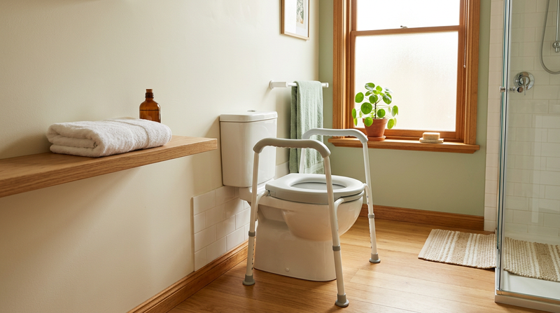 Over-toilet frame with armrests beside a toilet in a bright Australian home bathroom