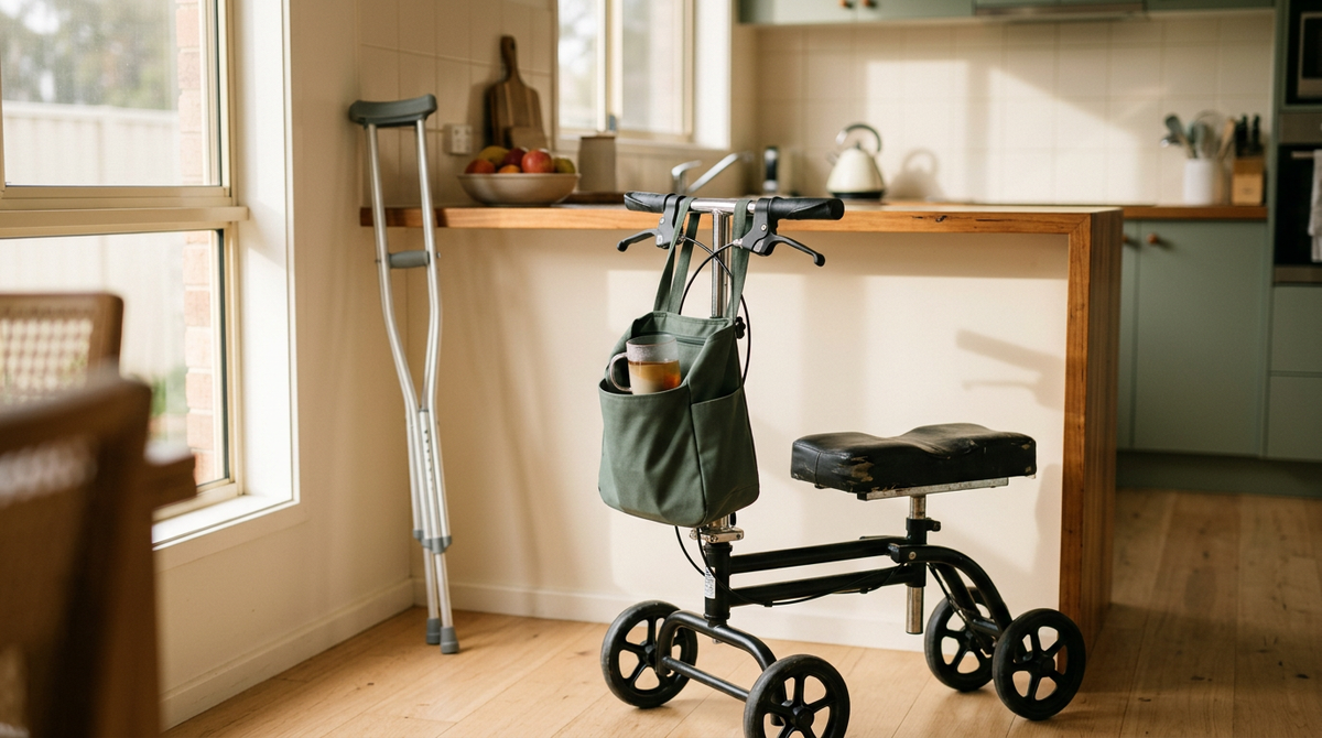 Knee walker parked by a kitchen bench with a mug in its basket and crutches leaning behind
