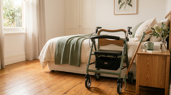 Rollator walker and bed rail styled in a warm sunlit bedroom, ready for recovery at home