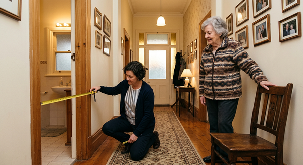 Daughter measuring a bathroom doorway with a tape measure while her mother watches in the hallway