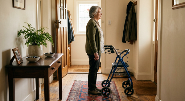 Older woman standing beside a rollator in her hallway, arms relaxed, handle level with her wrist