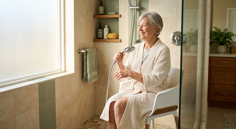 Older woman seated on a shower chair in a bright home walk-in shower