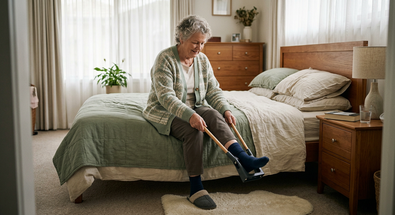 Older woman seated on the edge of her bed using a sock aid to put on a sock