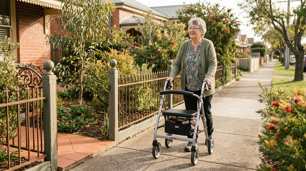 Older woman walking confidently along a sunny suburban footpath using a four-wheel rollator walker