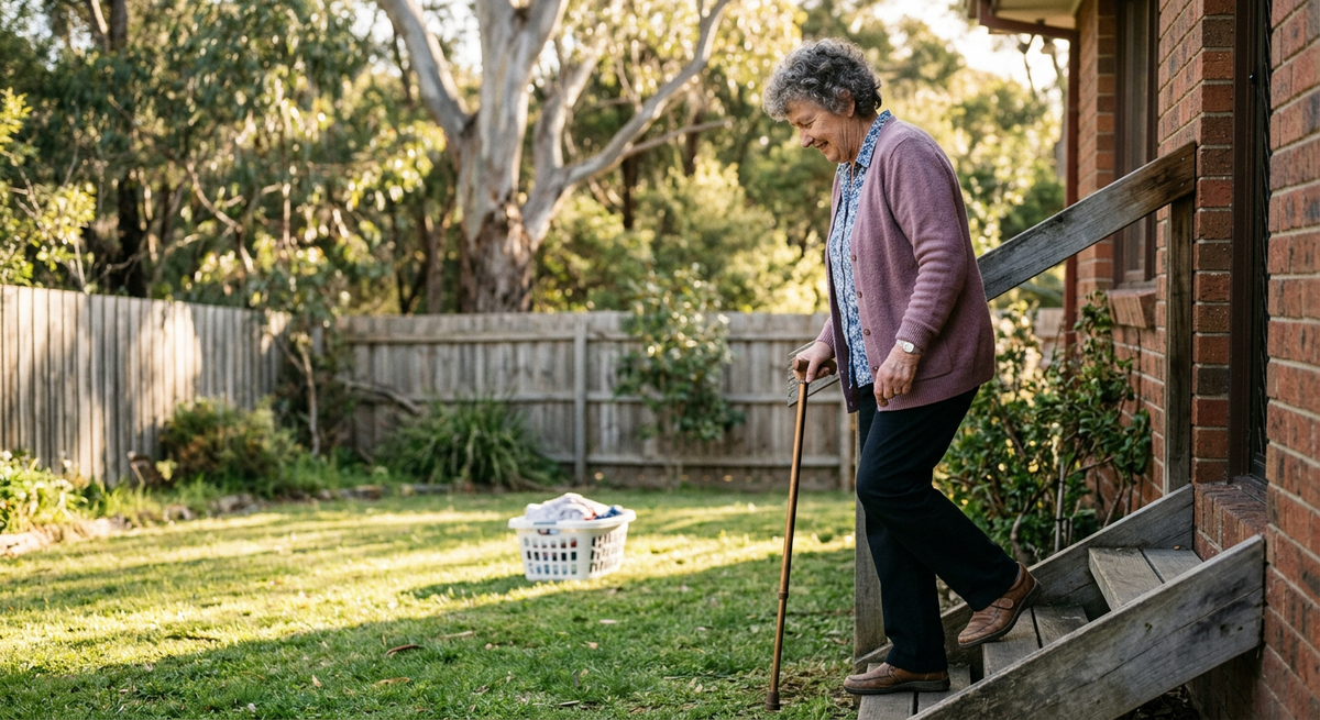 Older woman stepping down a back step holding a timber handrail, with a walking stick in her other hand