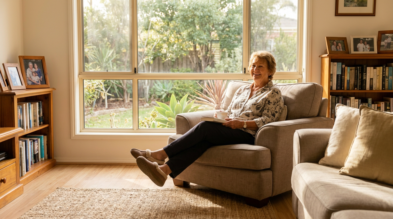NDIS participant using a rollator at home, Australia
