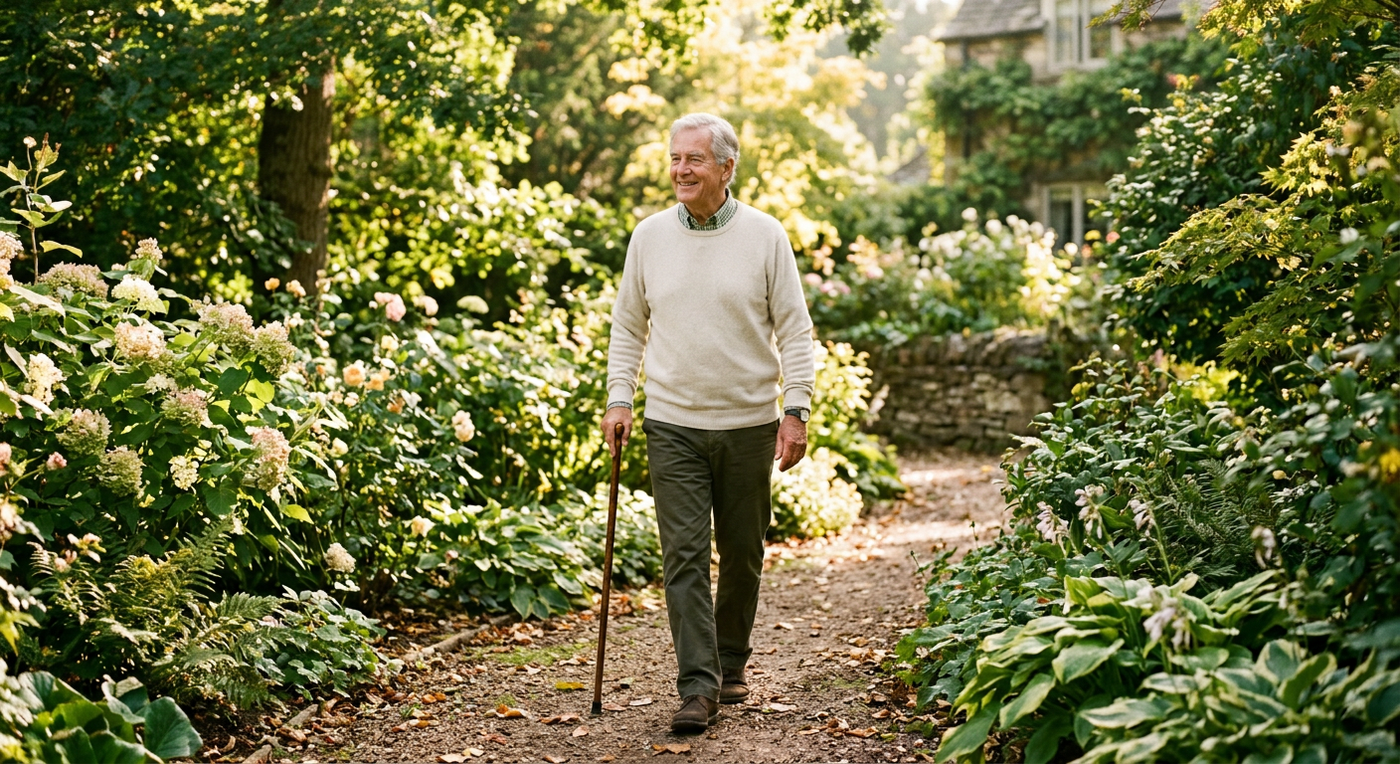 Older man walking in a garden with an offset-handle cane