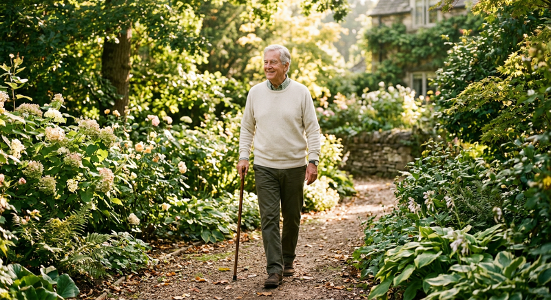 Older man walking in a garden with an offset-handle cane