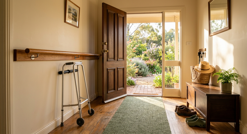 Grab rail and folded walking frame by the front door of a warm Australian home hallway