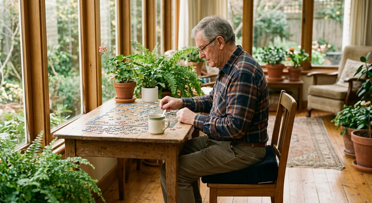 Older man doing a jigsaw at a sunroom table, sitting on a black wedge seat cushion