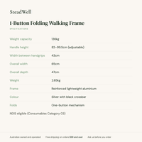 Specifications for the 1-Button Folding Walking Frame