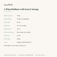 Specifications for the 4-Wheel Rollator with Seat and Storage