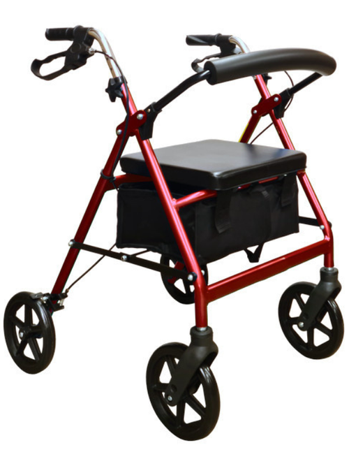 Four-wheel rollator with padded seat, storage bag and 8 inch wheels, red frame