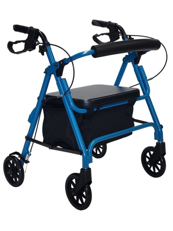 SteadWell Low Seat Rollator in blue, with padded seat, backrest and under-seat storage