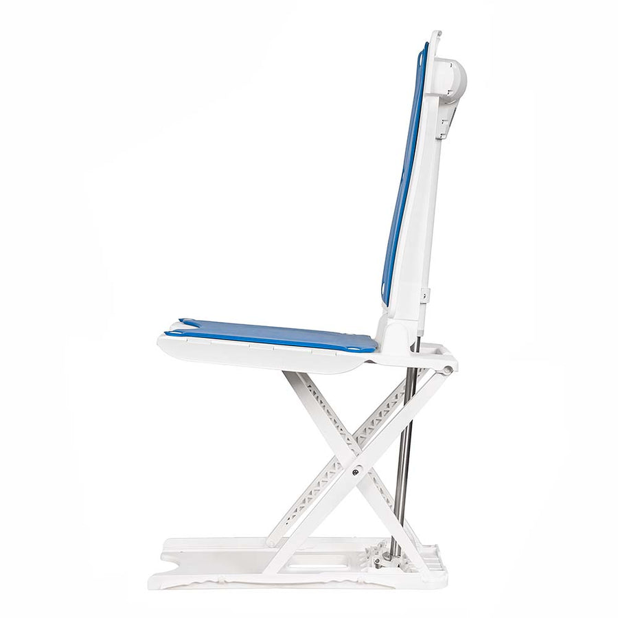 Bath lift chair in the raised position, level with the rim of the bath for transferring on