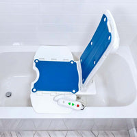 Side view of the bath lift chair in a bath with the hand control resting on the seat