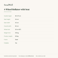 Specifications for the 4-Wheel Rollator with Seat