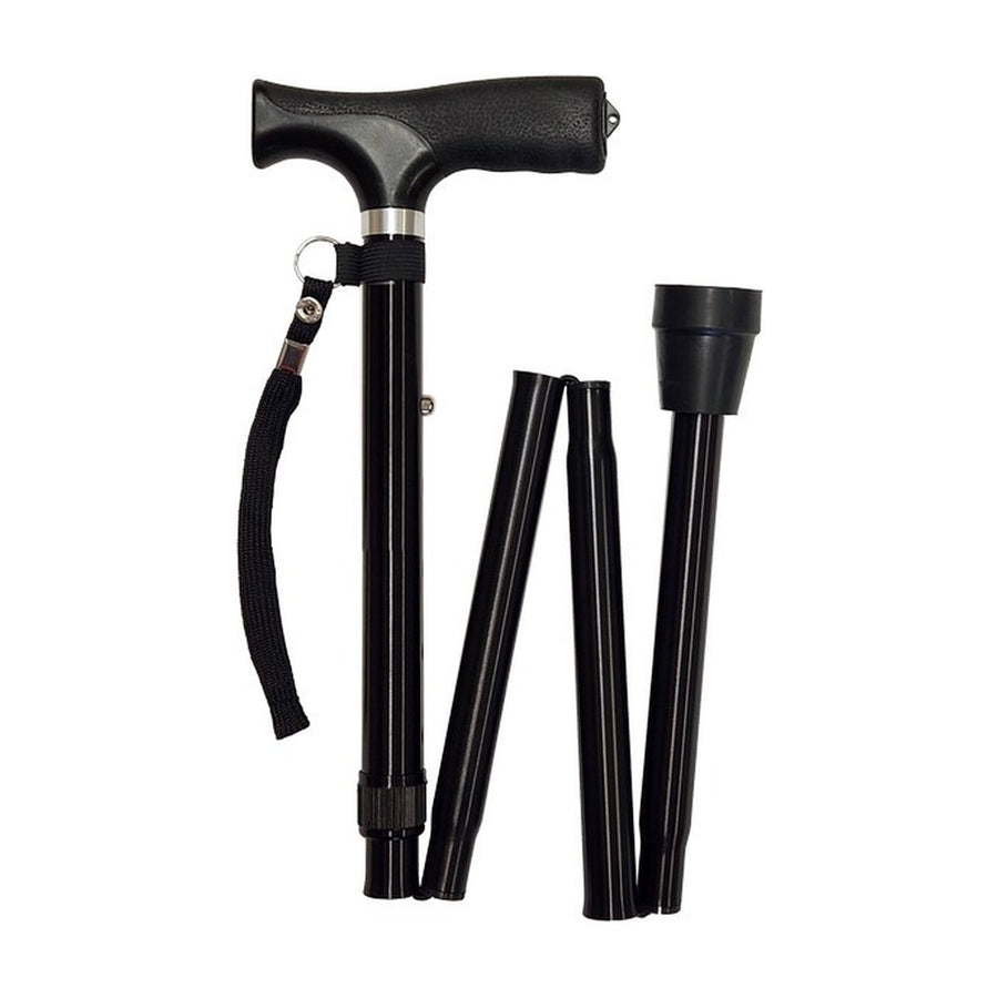 Black folding walking cane with a T-shape handle, shown with its four folding sections