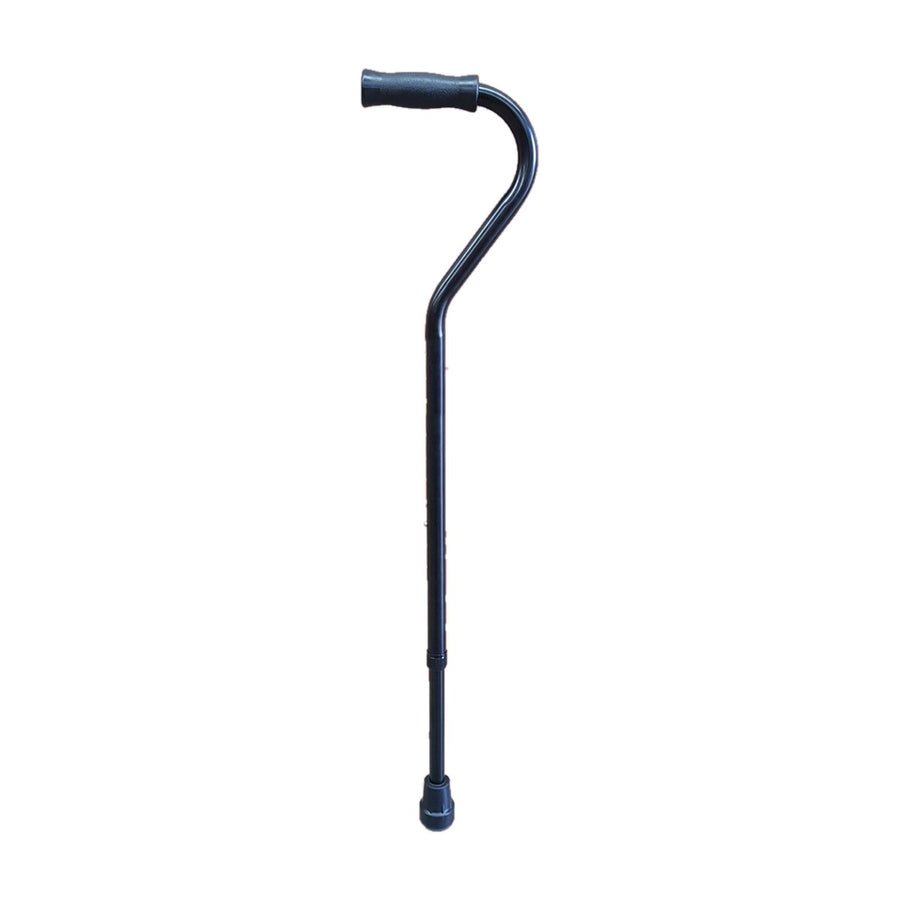 Black heavy duty steel walking cane with an offset handle and a textured grip
