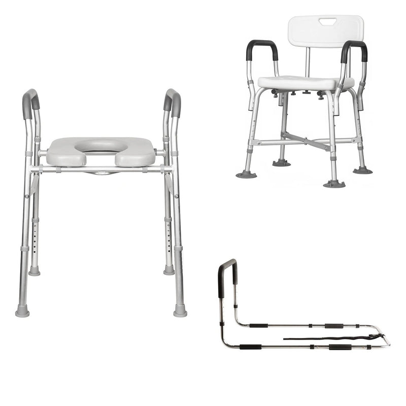 Home from Hospital Pack: over toilet aid with padded seat, shower chair with arms and back (135kg), adjustable bed assist rail