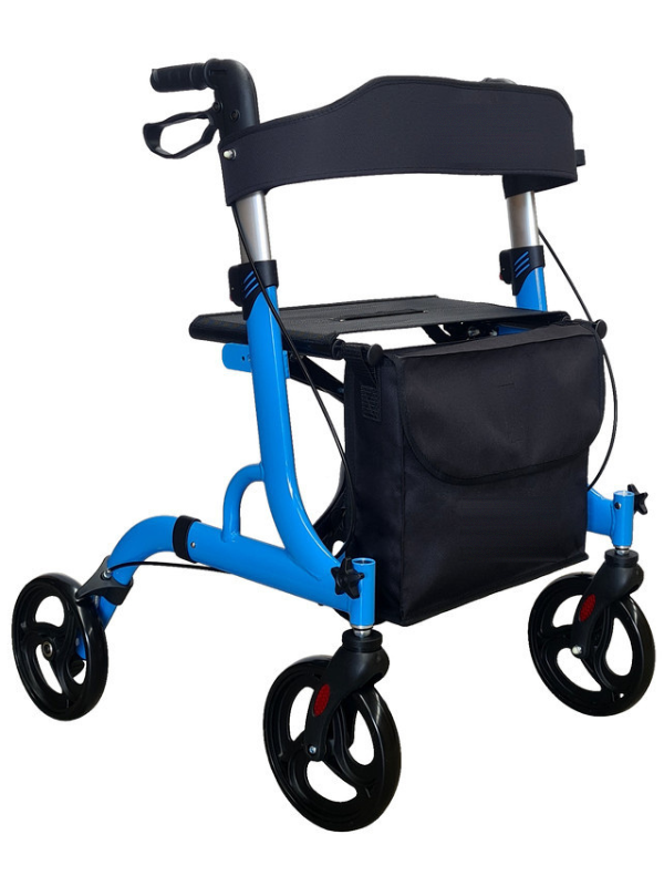 Lightweight X-fold rollator with seat, backrest strap and storage bag, blue frame