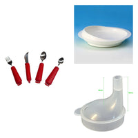 Mealtime Independence Set: adaptive utensil kit (spoon, teaspoon, fork, rocker knife), scoop dish with suction base, drinking cup with flow control lids