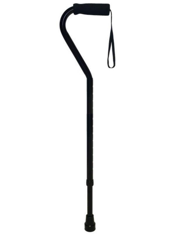 Offset handle walking cane with wrist strap